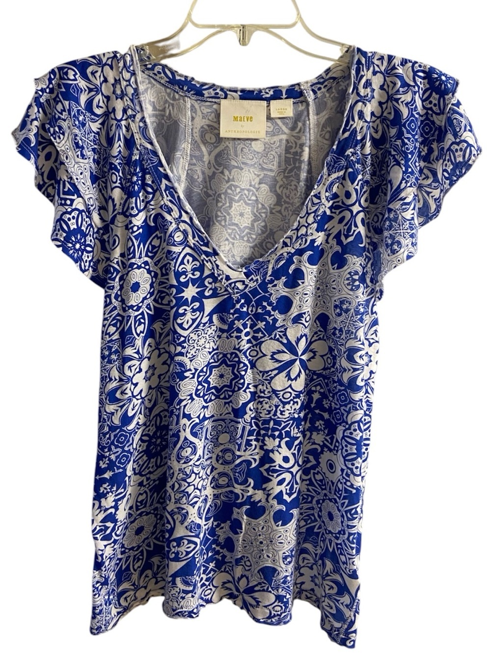 Anthropologie Maeve Blue & White Printed V-Neck Flutter Sleeve Top Blouse Large